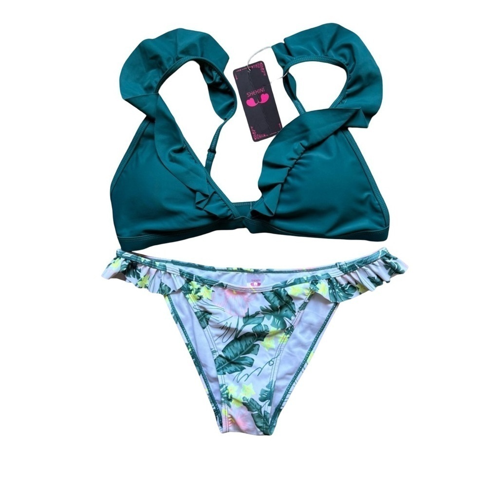 Shekini Green and White Bikini with Tropical Floral Beach Size L Swim Resort